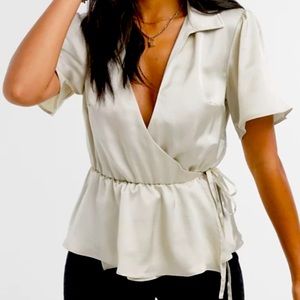 Short sleeve satin wrap top